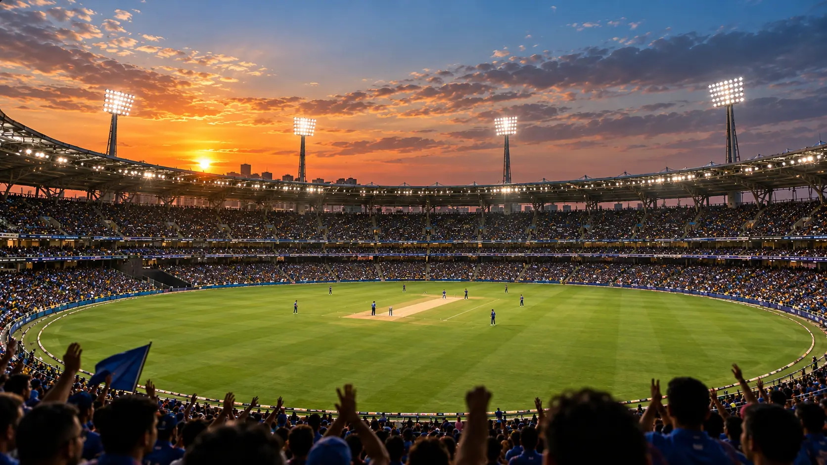 Floodlit stadium packed with spectators at sunset during a match